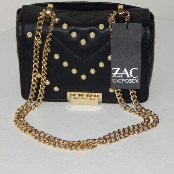 ZAC POSEN SOFT EARTHETTE Pearl Lady Chevron Quilted Chain Shoulder Bag Black NWT - Picture 1 of 14